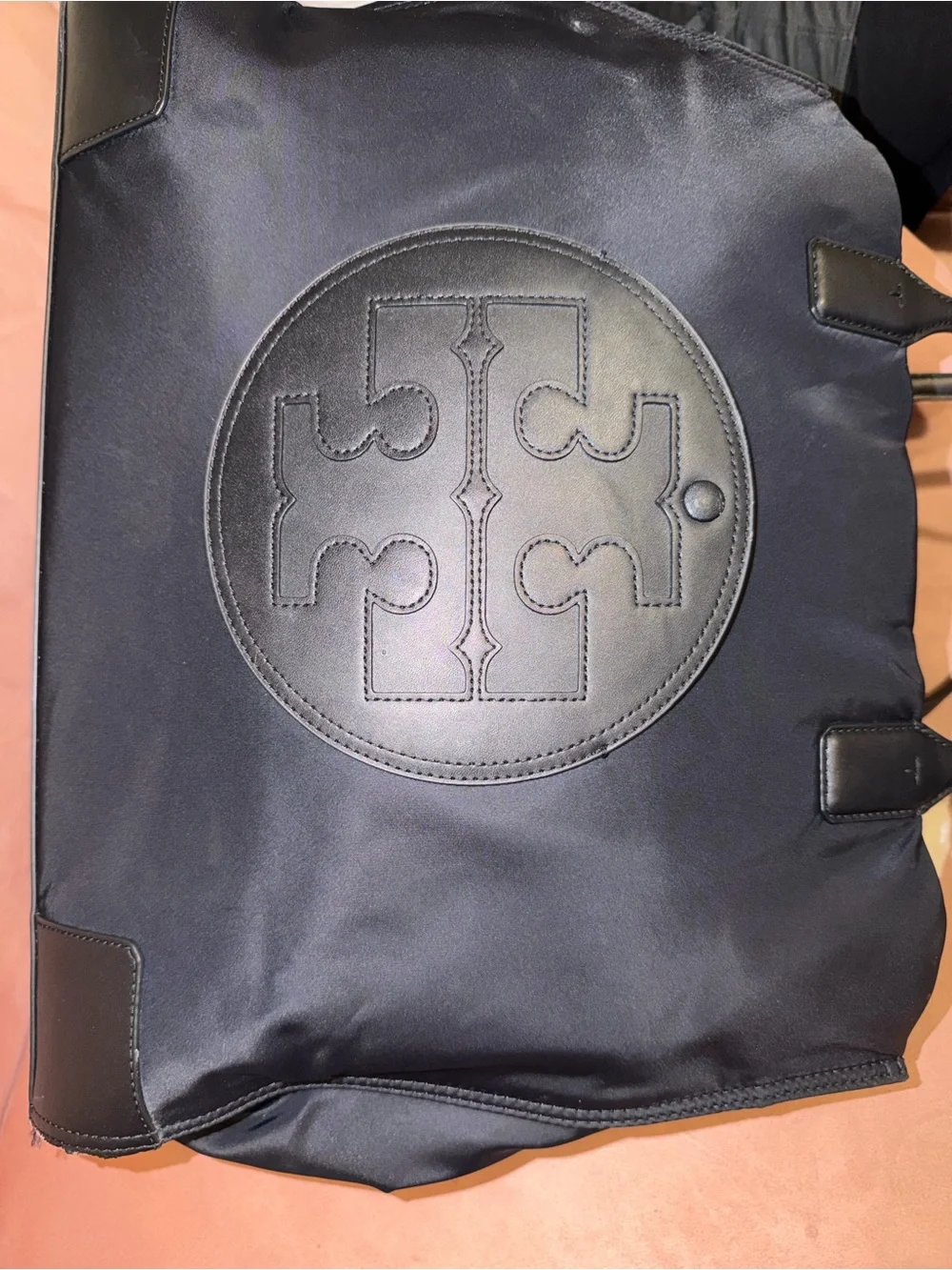 Tory Burch Black Nylon Logo Tote with Leather Trim